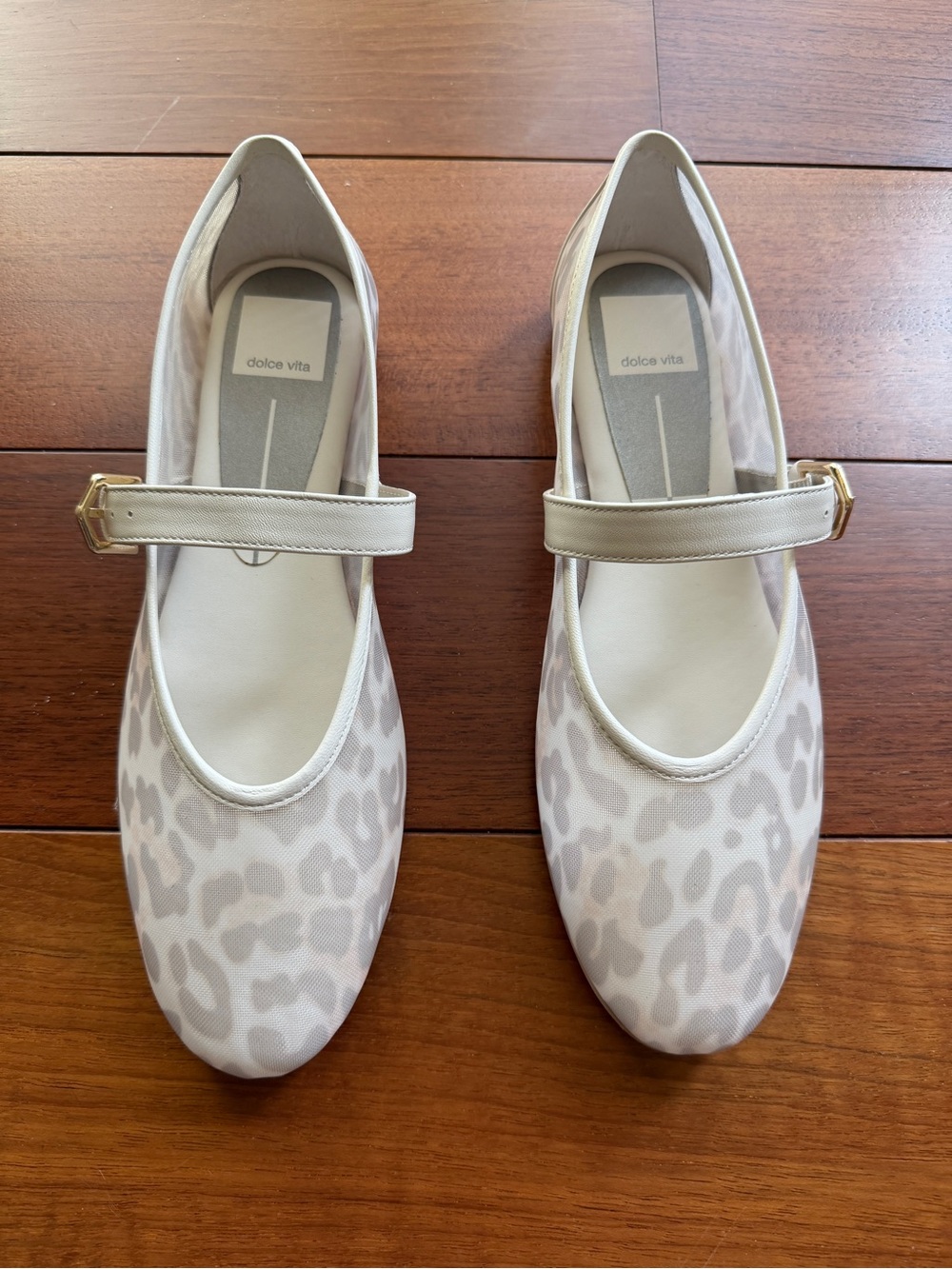 Dolce Vita Roslyn White Leopard Print Mary Jane Flats with Gold Buckle